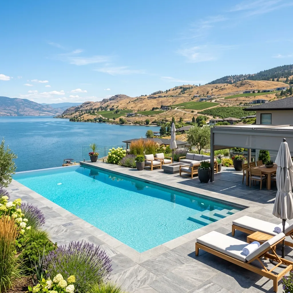 A clear backyard swimming pool on a terrace overlooking Okanagan Lake